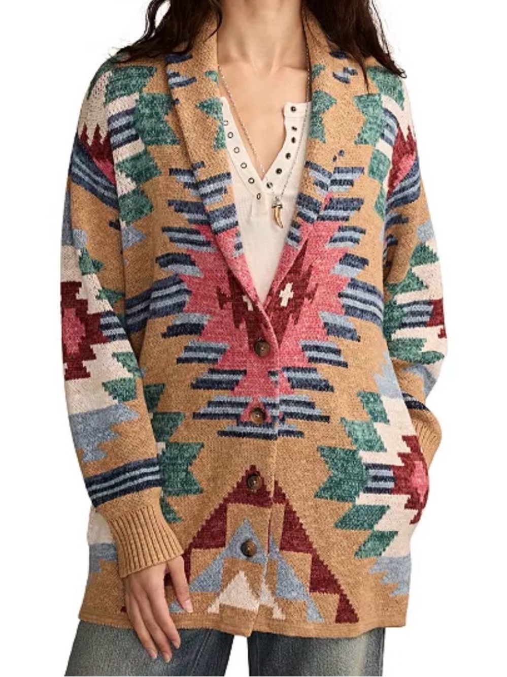 Lucky Brand Women's Southwest Aztec Shawl-Collar Cotton Cardigan. Size Large